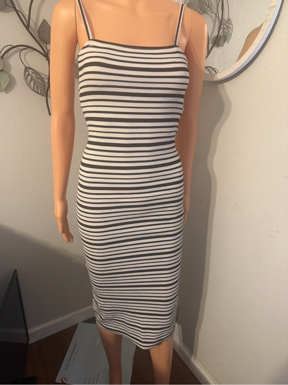 Billabong Black & White Striped Ribbed Spaghetti Strap Midi Dress